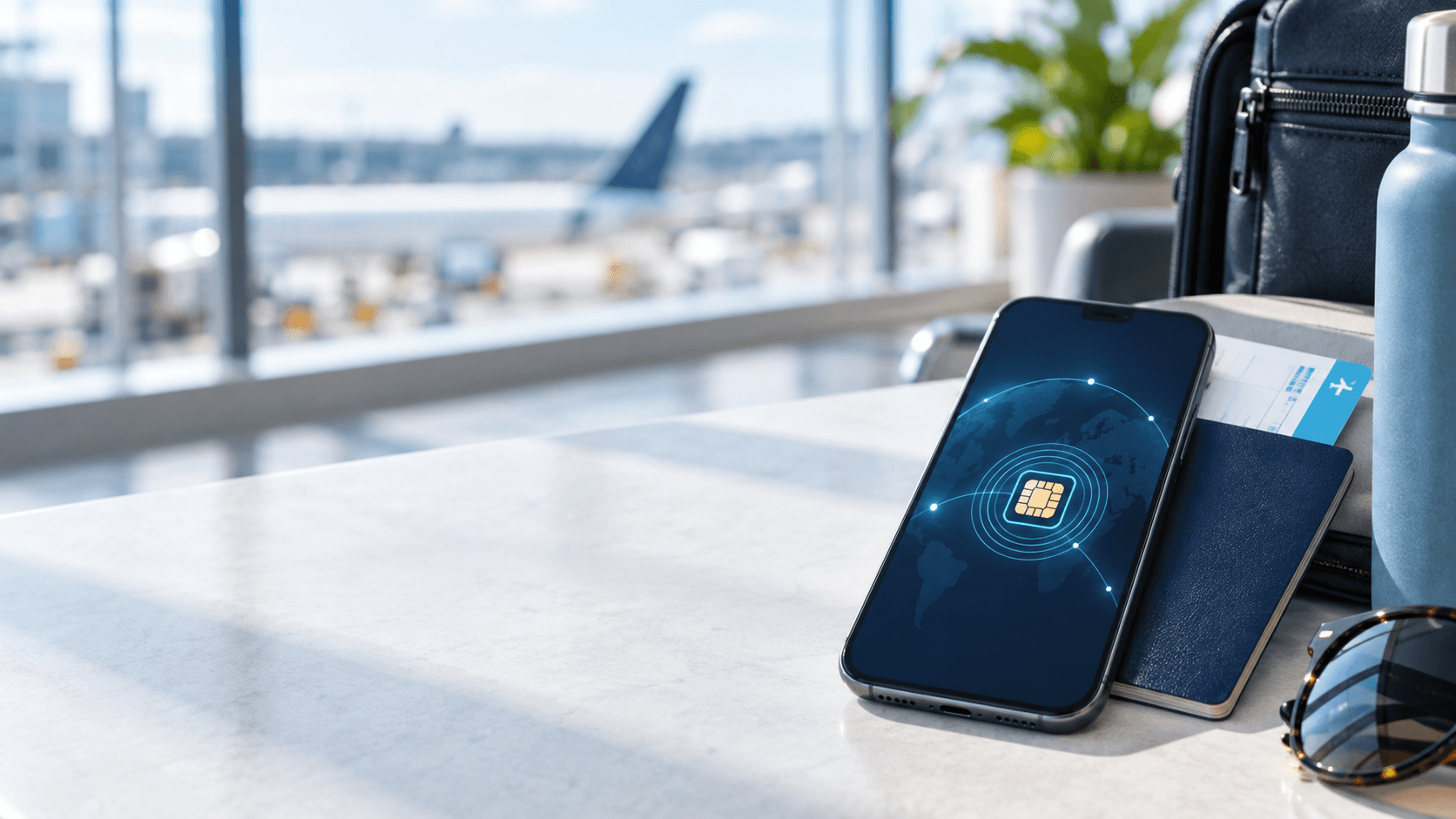 Travel eSIM ready beside travel documents at an airport