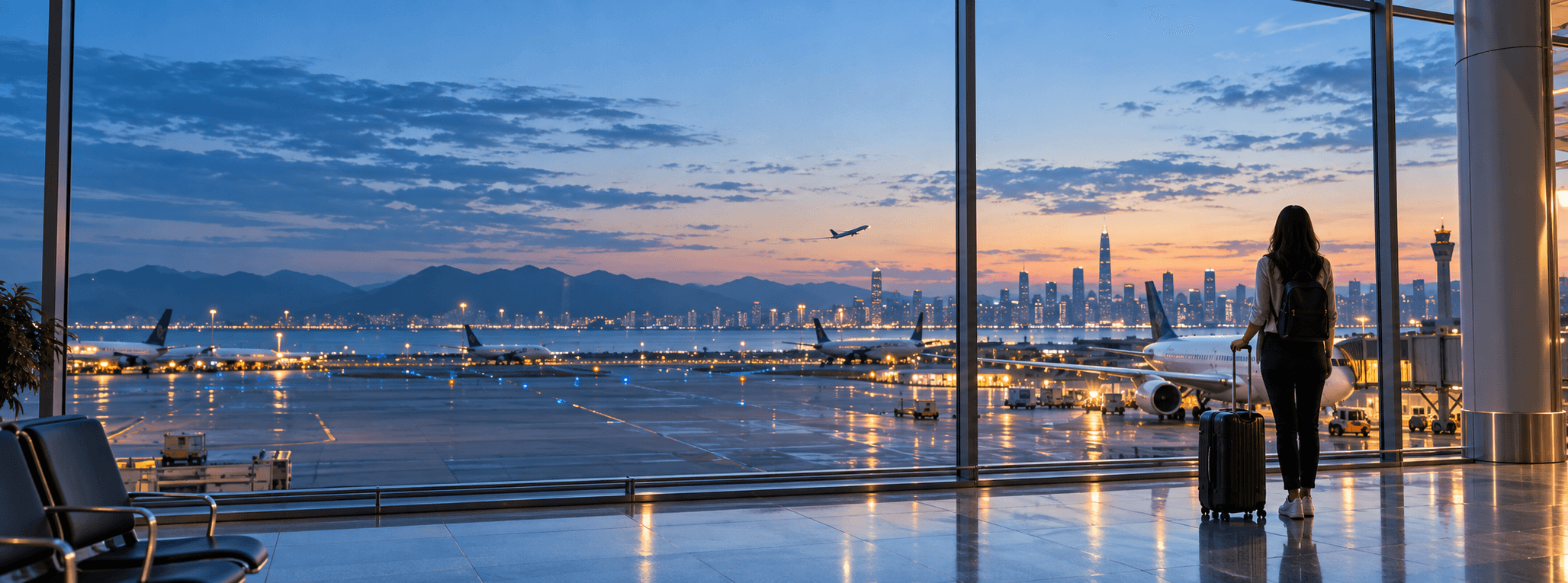 Traveller looking over an international airport at sunset