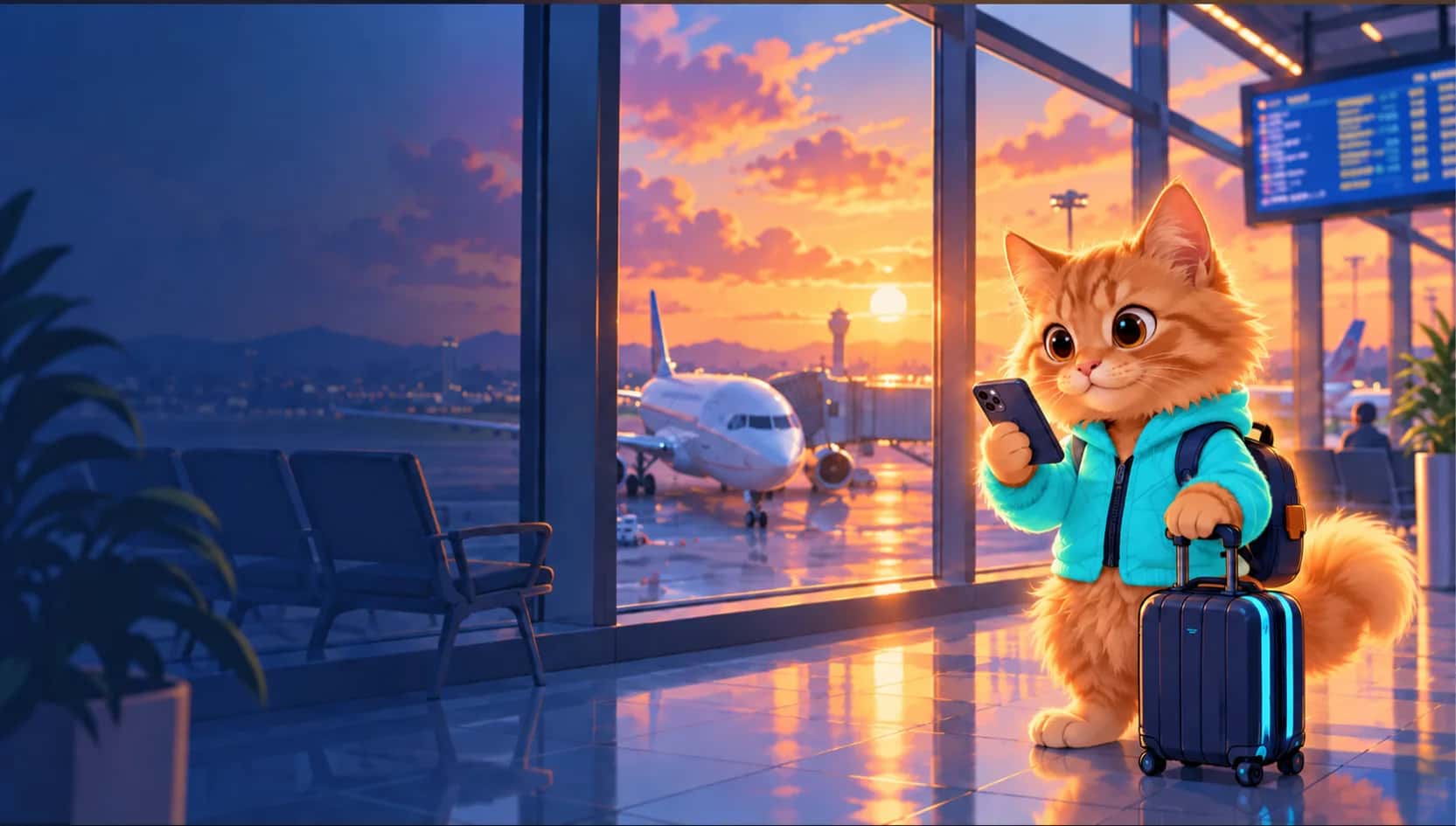 Voyaio traveller waiting at an airport at sunset