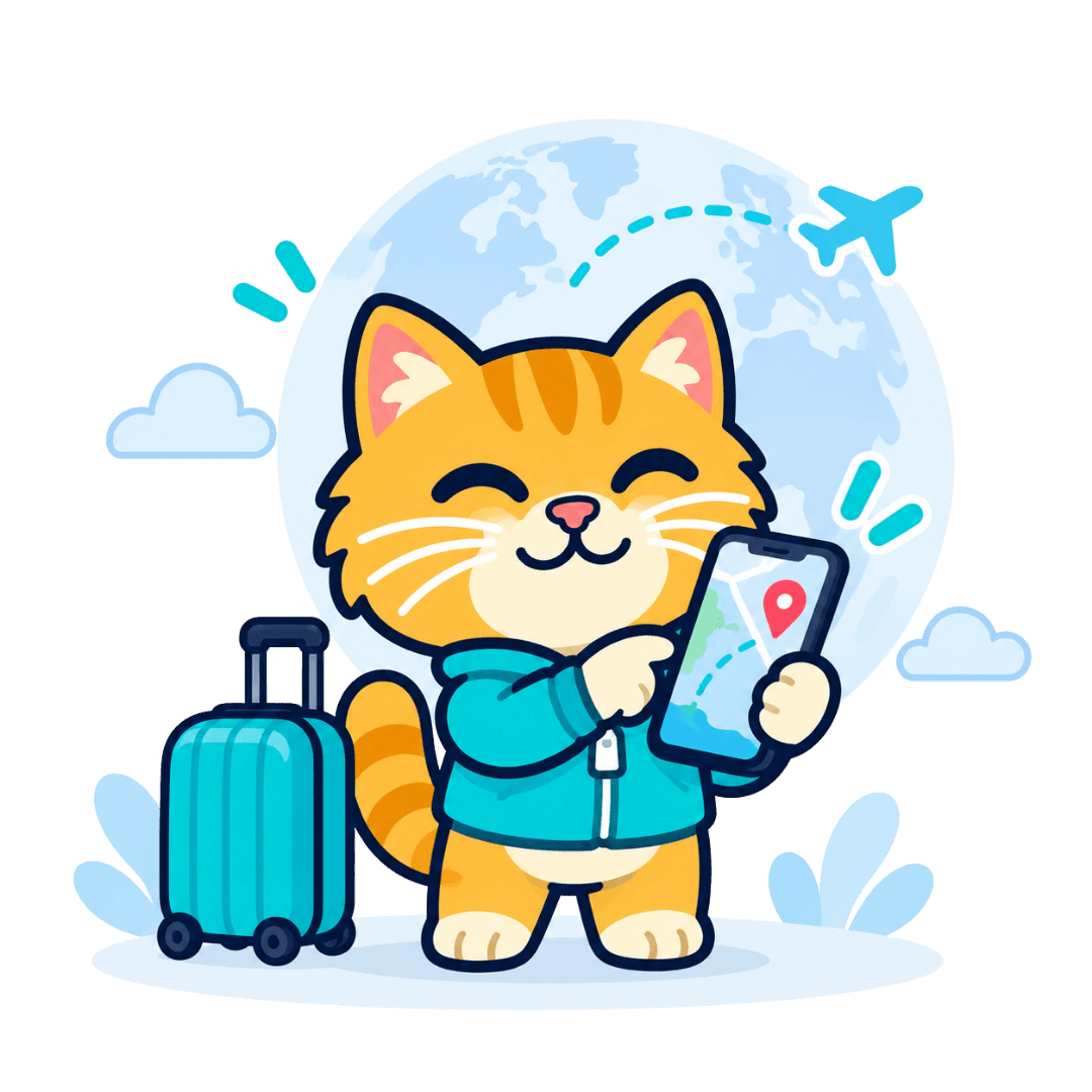 Voyaio mascot searching for a travel destination