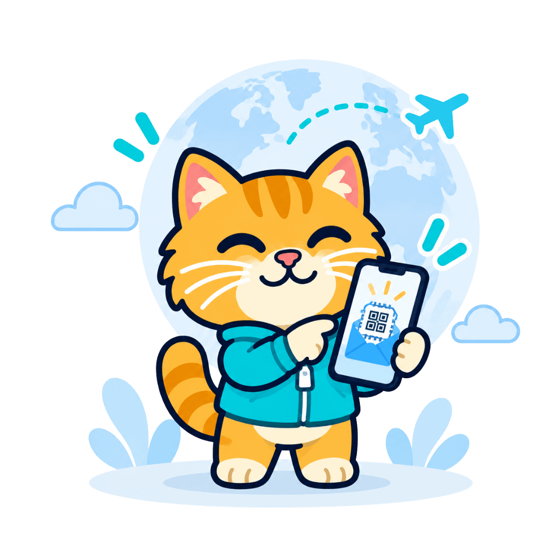 Voyaio mascot holding an eSIM QR code
