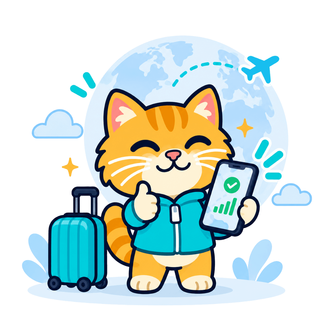 Voyaio mascot showing a connected travel eSIM