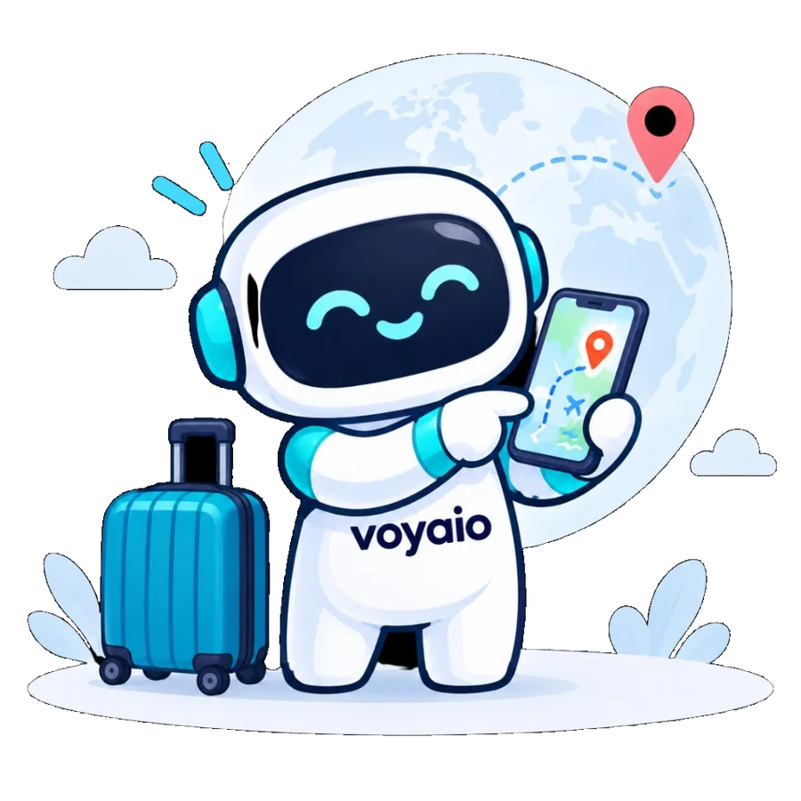Voyaio mascot searching for a travel destination