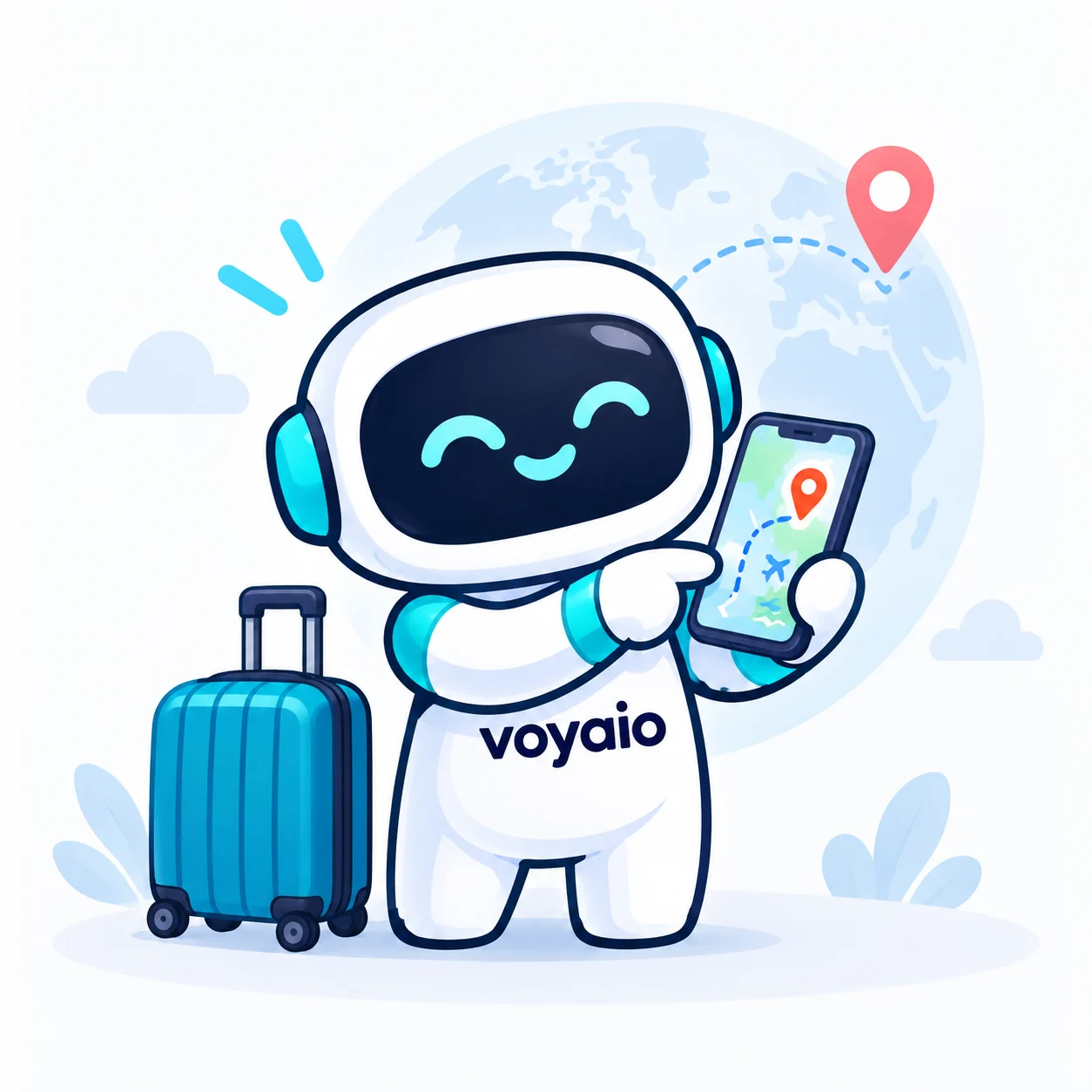 Voyaio mascot searching for a travel destination