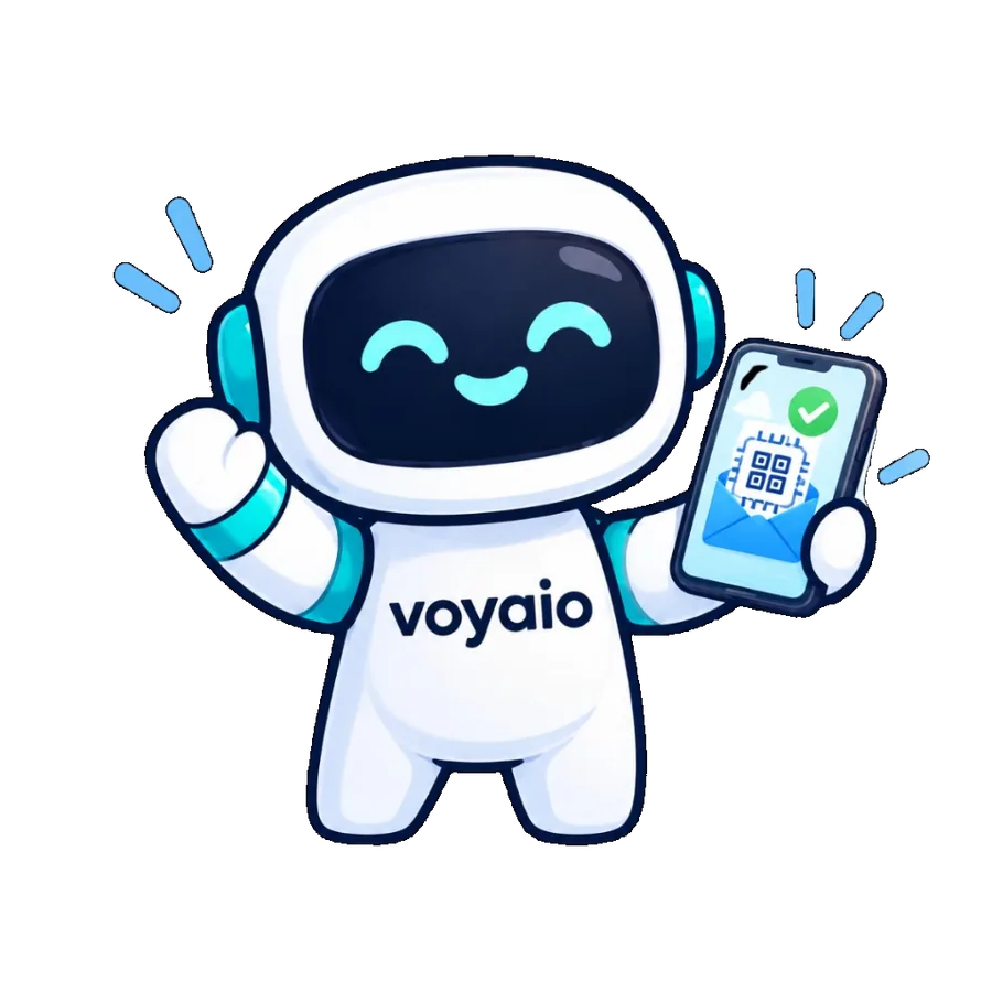 Voyaio mascot holding an eSIM QR code
