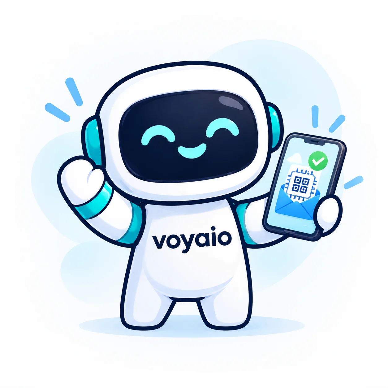 Voyaio mascot holding an eSIM QR code