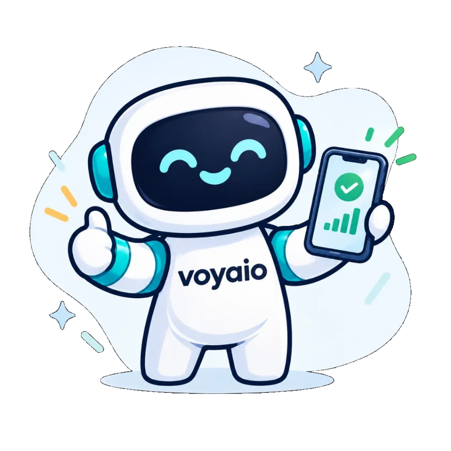 Voyaio mascot showing a connected travel eSIM
