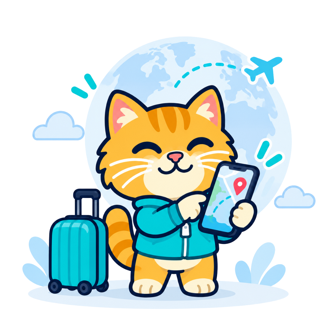 Voyaio mascot searching for a travel destination