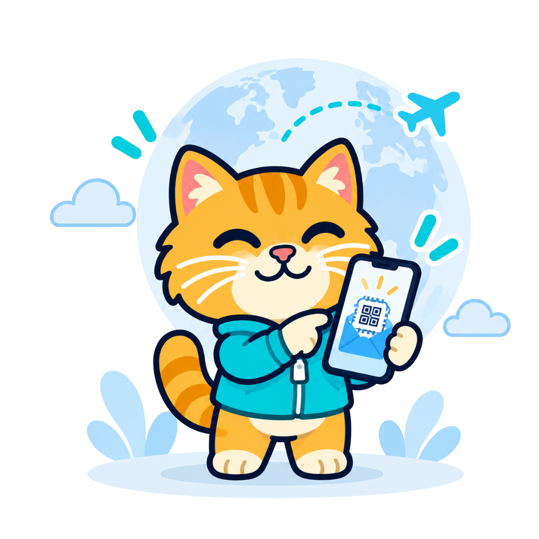 Voyaio mascot holding an eSIM QR code