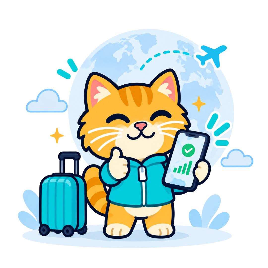 Voyaio mascot showing a connected travel eSIM