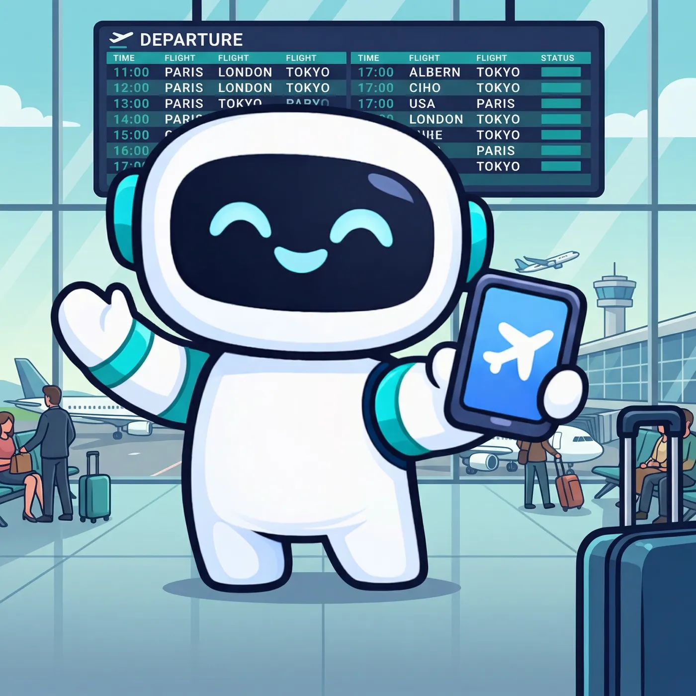 Voyaio mascot ready at the airport with a travel phone